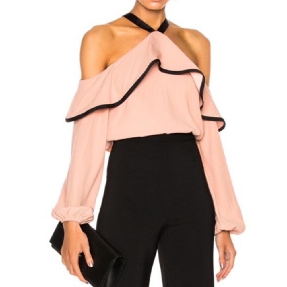 NEW ALEXIS Pink Ruffle Trim Cold Shoulder Long Sleeve Top‎ Size S